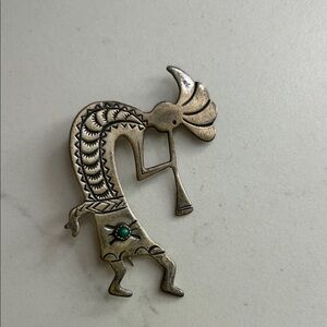 Silver Kokopelli Brooch with Turquoise Accent
